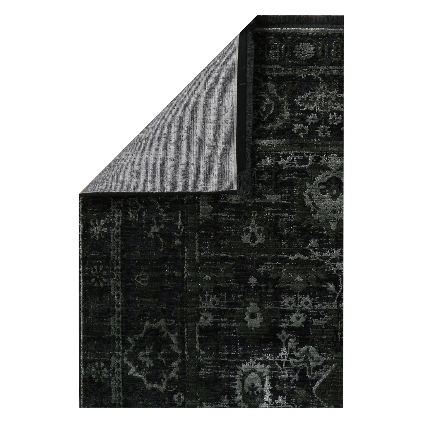 Folded corner detail of Brooklyn 300 emerald ornate rug showing backing and edge texture