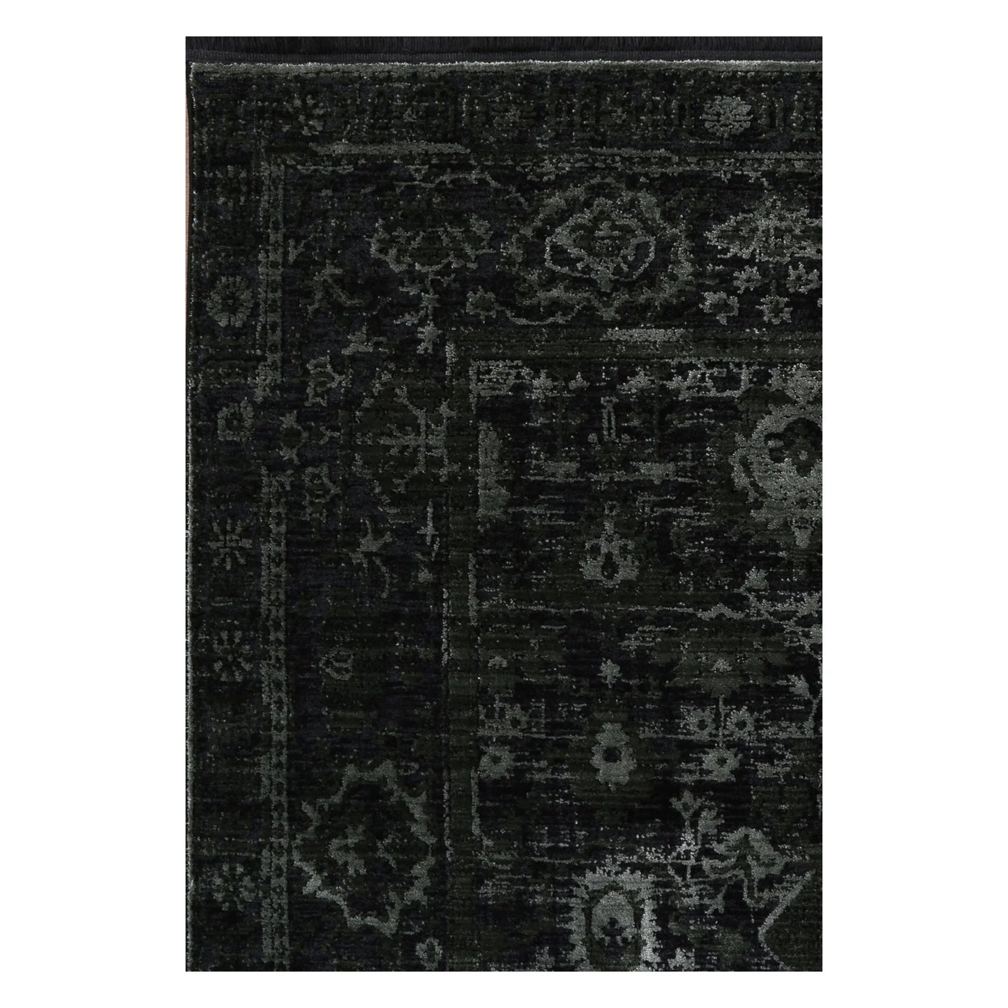 Pattern detail of Brooklyn 300 emerald ornate rug showing dark green ornamental design