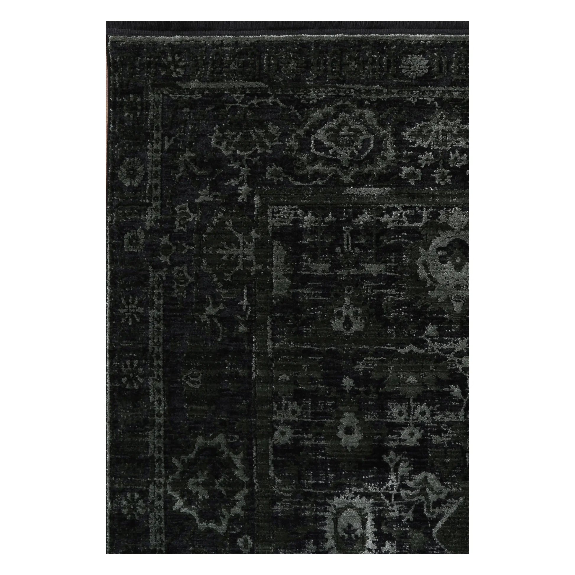 Pattern detail of Brooklyn 300 emerald ornate rug showing dark green ornamental design