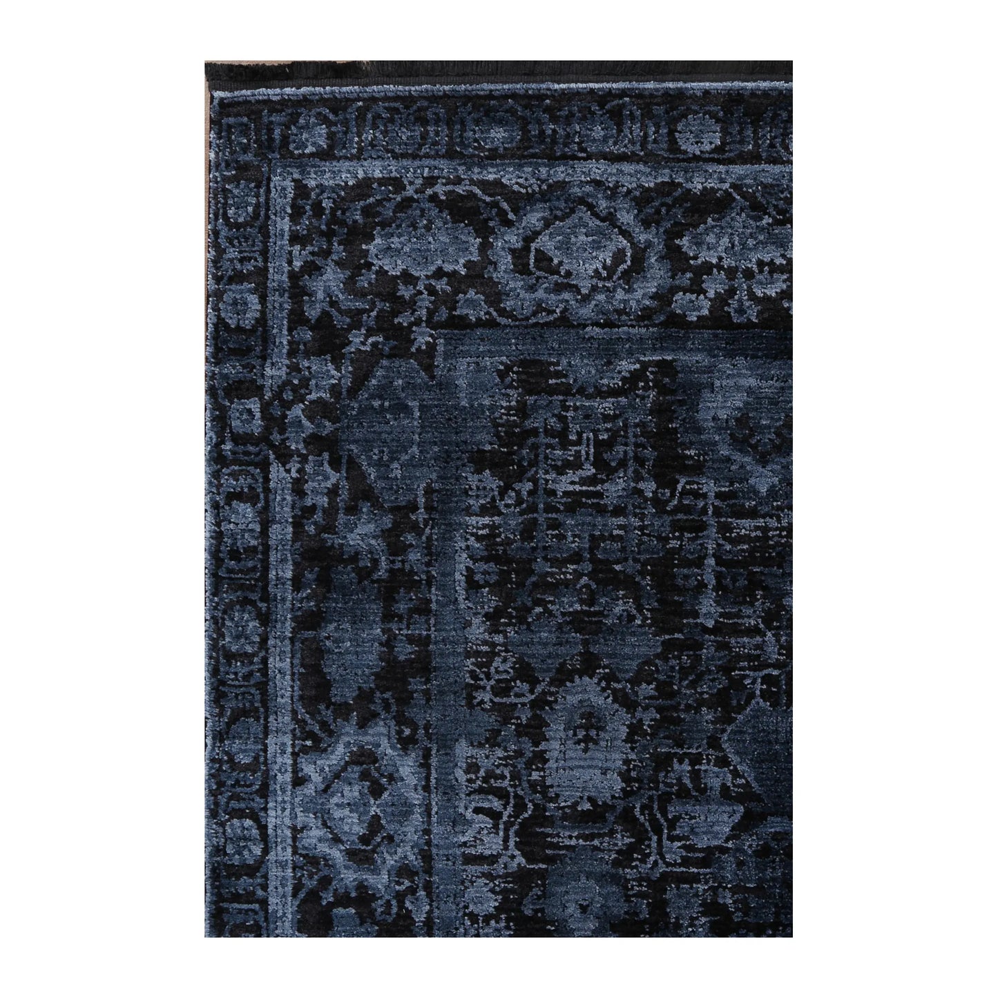Pattern detail of Brooklyn 300 navy blue ornate rug showing dark ornamental design