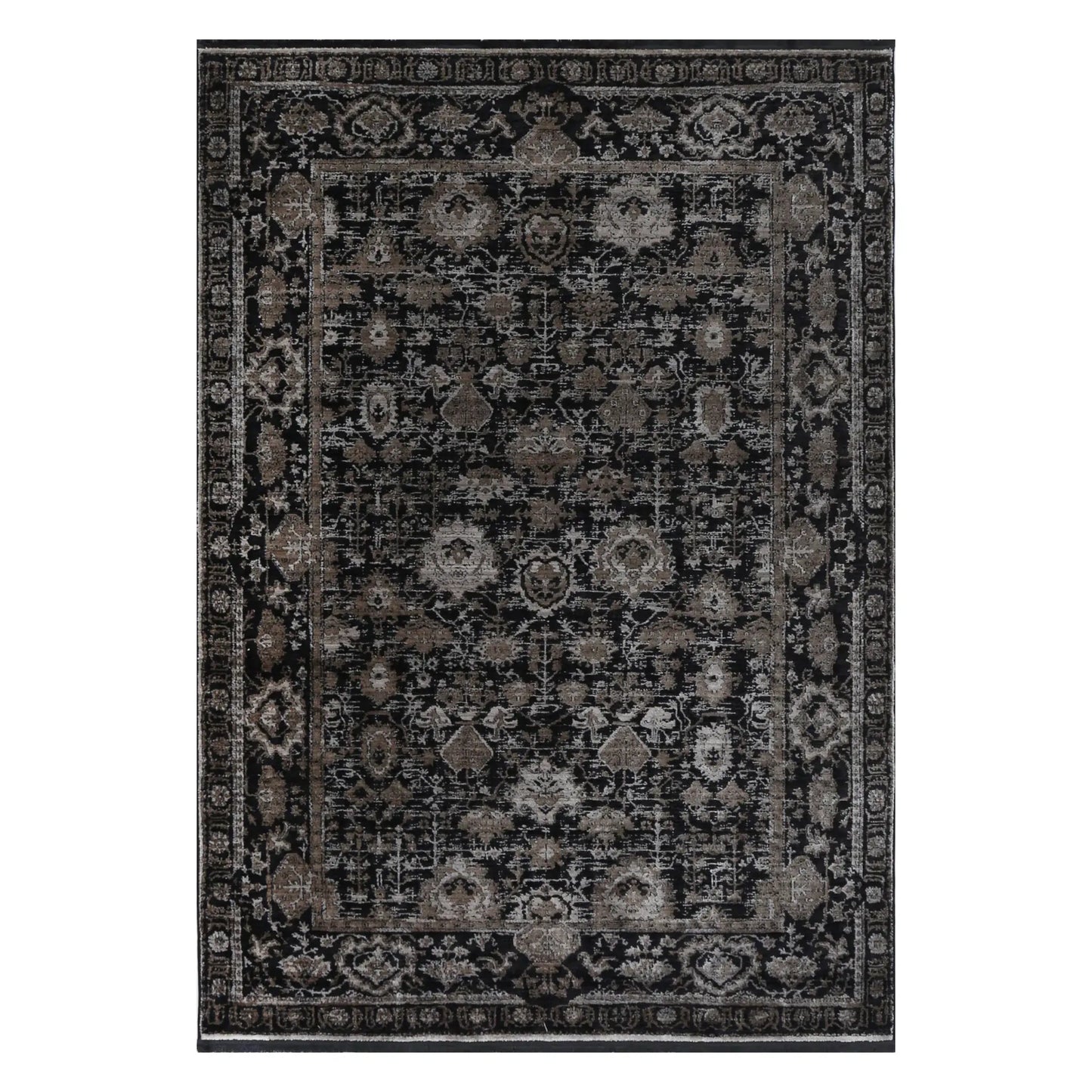 Full view of Brooklyn 300 pewter ornate rug, 230 x 160 cm, with an all-over floral field and layered botanical borders