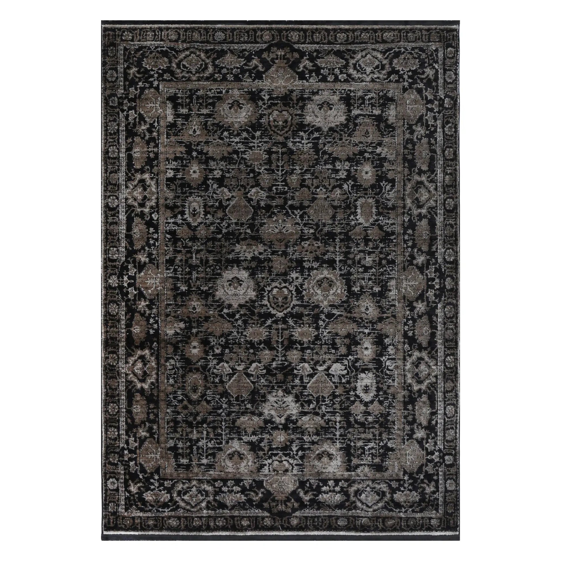 Full view of Brooklyn 300 pewter ornate rug, 230 x 160 cm, with an all-over floral field and layered botanical borders