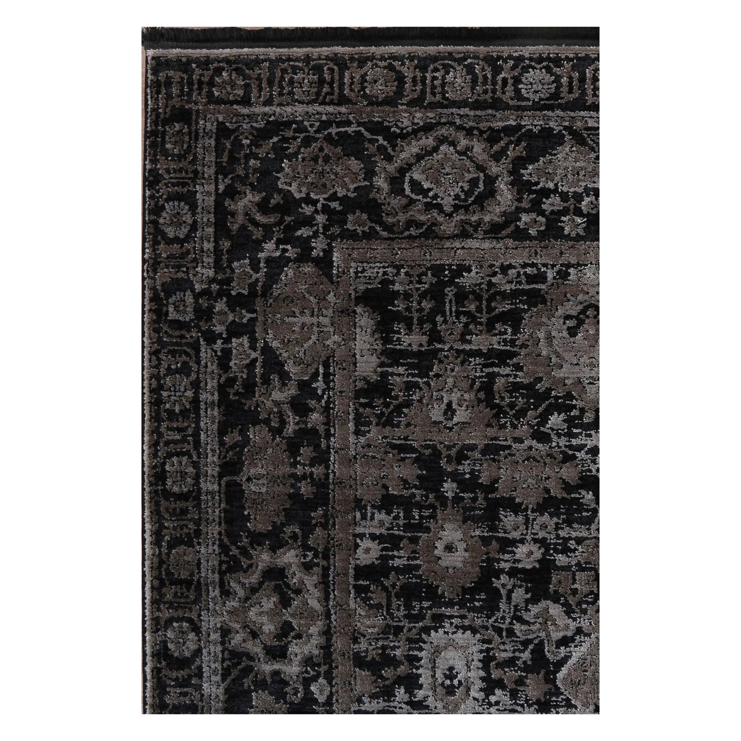 Pattern detail of Brooklyn 300 pewter ornate rug showing dark grey ornamental design
