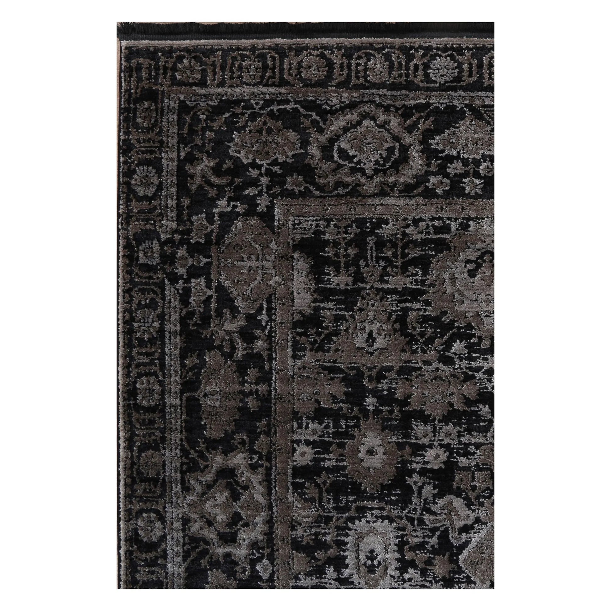 Pattern detail of Brooklyn 300 pewter ornate rug showing dark grey ornamental design