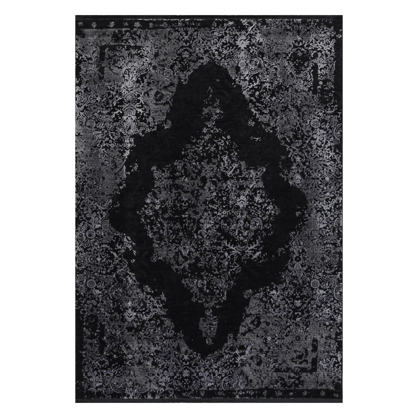 Full view of Brooklyn 400 silver medallion modern rug, 230 x 160 cm, with black field and silver-grey ornament