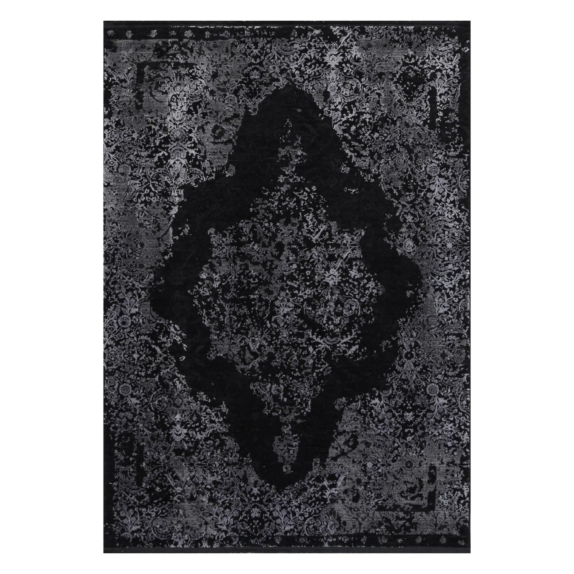 Full view of Brooklyn 400 silver medallion modern rug, 230 x 160 cm, with black field and silver-grey ornament