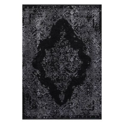 Full view of Brooklyn 400 silver medallion modern rug, 230 x 160 cm, with black field and silver-grey ornament
