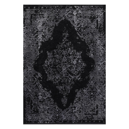 Full view of Brooklyn 400 silver medallion modern rug, 230 x 160 cm, with black field and silver-grey ornament
