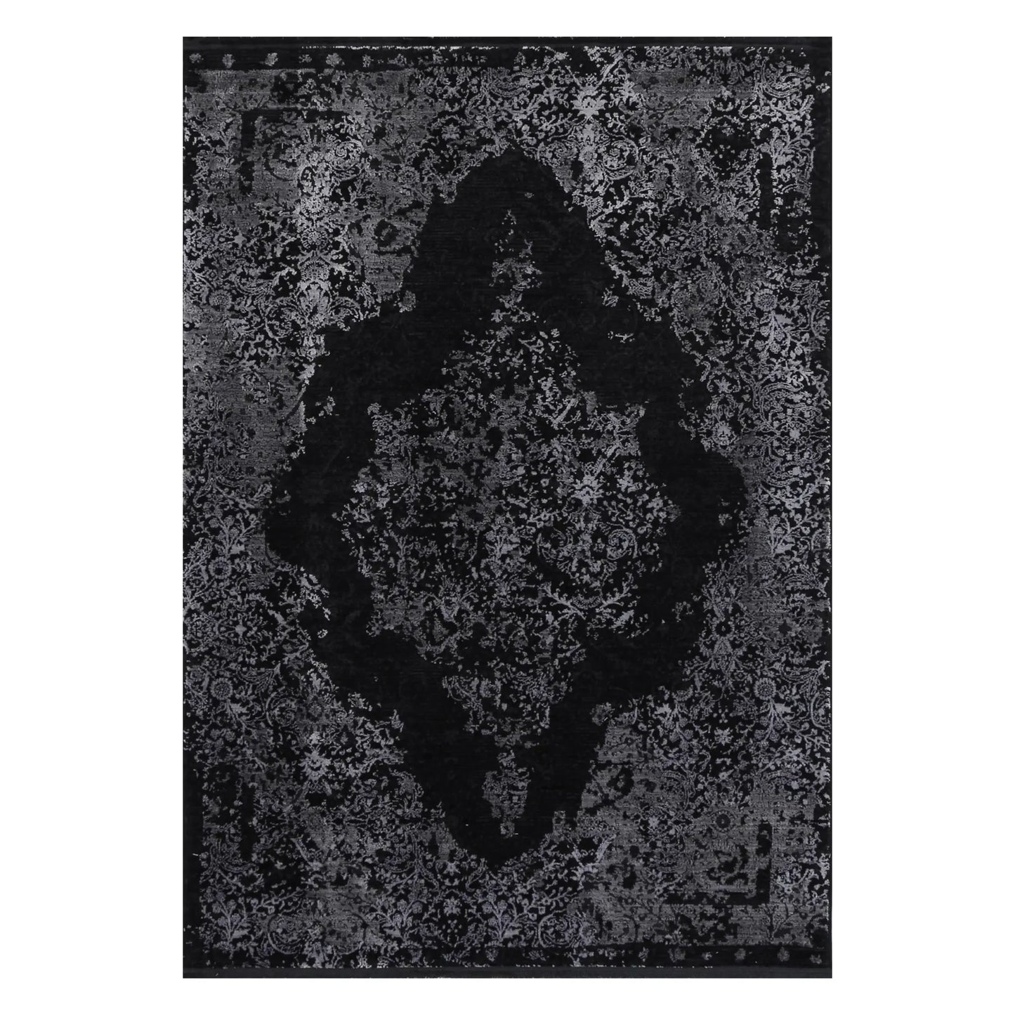 Full view of Brooklyn 400 silver medallion modern rug with black and grey ornamental pattern