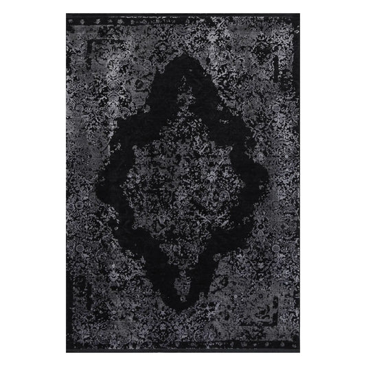 Full view of Brooklyn 400 silver medallion modern rug with black and grey ornamental pattern