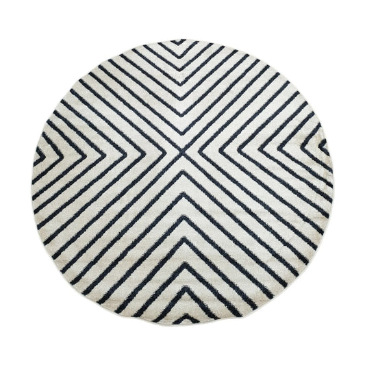 Full view of charcoal round rug with diamond line geometric design, 160 cm