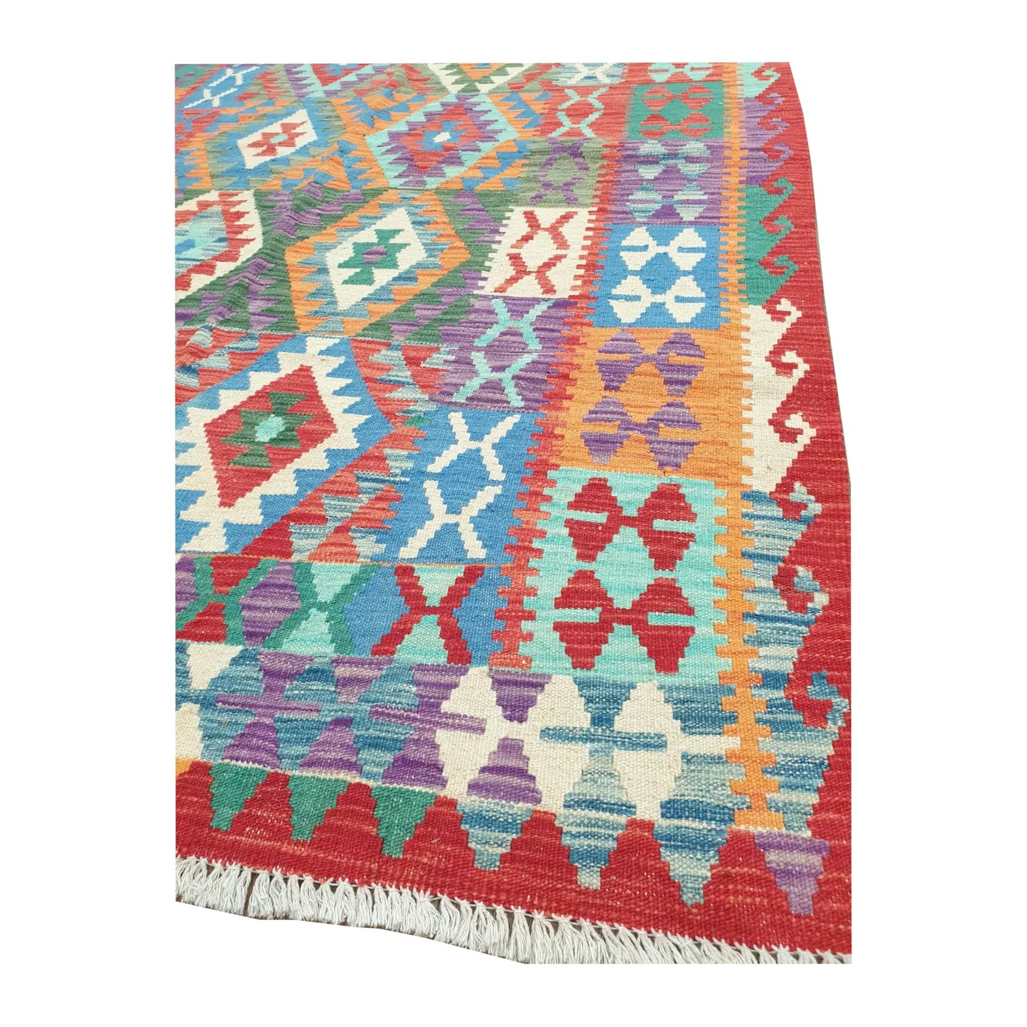 Corner and fringe detail of Chobi Kilim wool rug with multicolour flatwoven pattern and tribal border, 181 x 132 cm