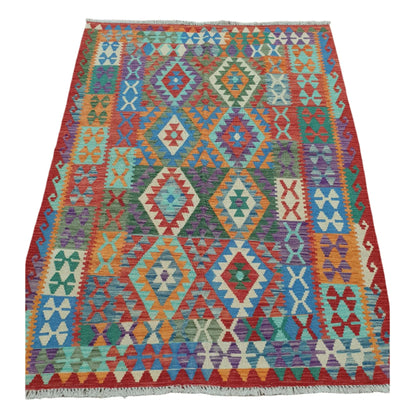 Full view of Chobi Kilim wool rug with multicolour geometric diamond motifs, 181 x 132 cm