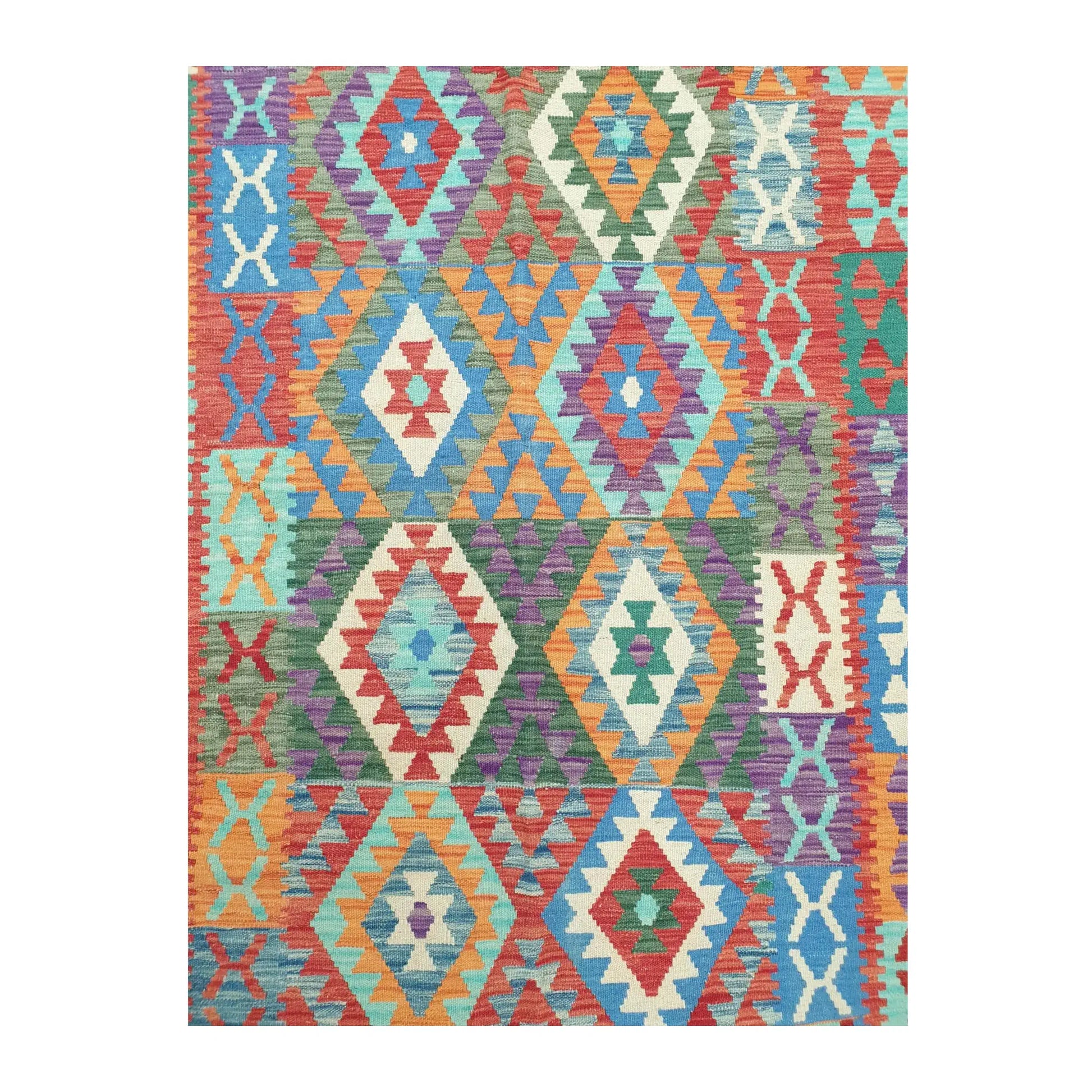Geometric field detail of Chobi Kilim wool rug with turquoise, coral red, orange and ivory motifs, 181 x 132 cm