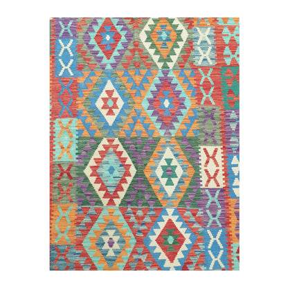 Geometric field detail of Chobi Kilim wool rug with turquoise, coral red, orange and ivory motifs, 181 x 132 cm