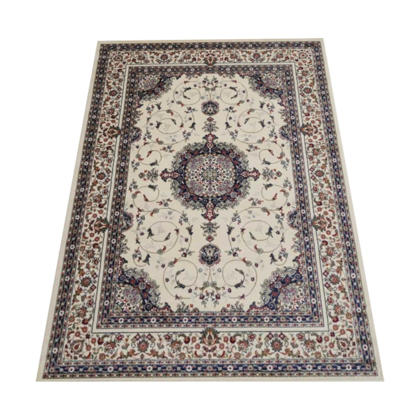 Angled full view of Classica 4638 Beige Traditional Rug with ornate medallion, floral field and layered border, 230 x 160 cm