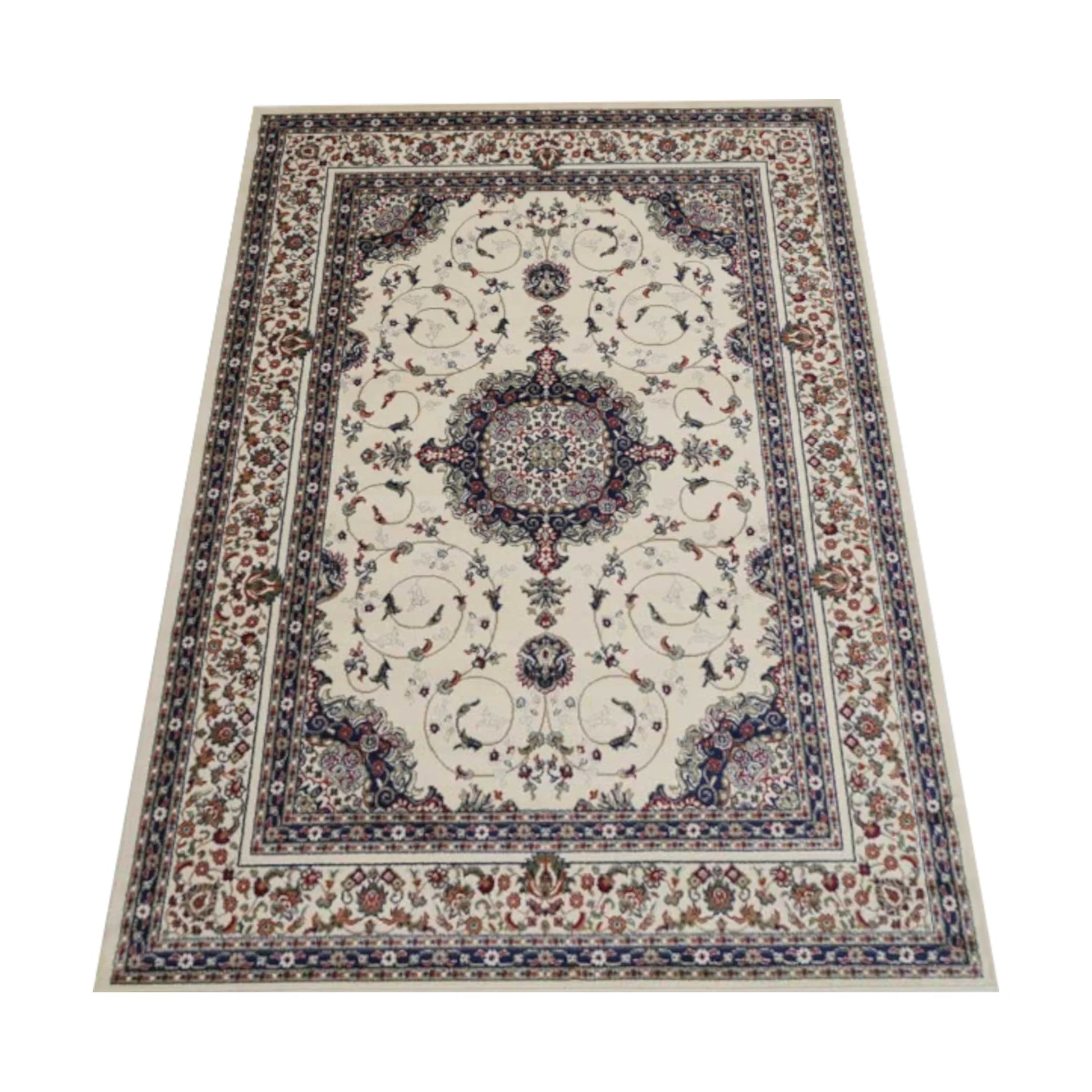 Angled full view of Classica 4638 Beige Traditional Rug with ornate medallion, floral field and layered border, 230 x 160 cm