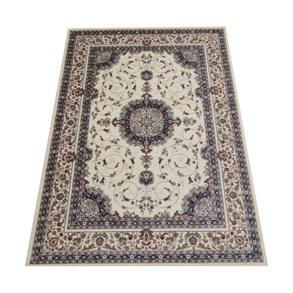 Angled full view of Classica 4638 Beige Traditional Rug with ornate medallion, floral field and layered border, 230 x 160 cm