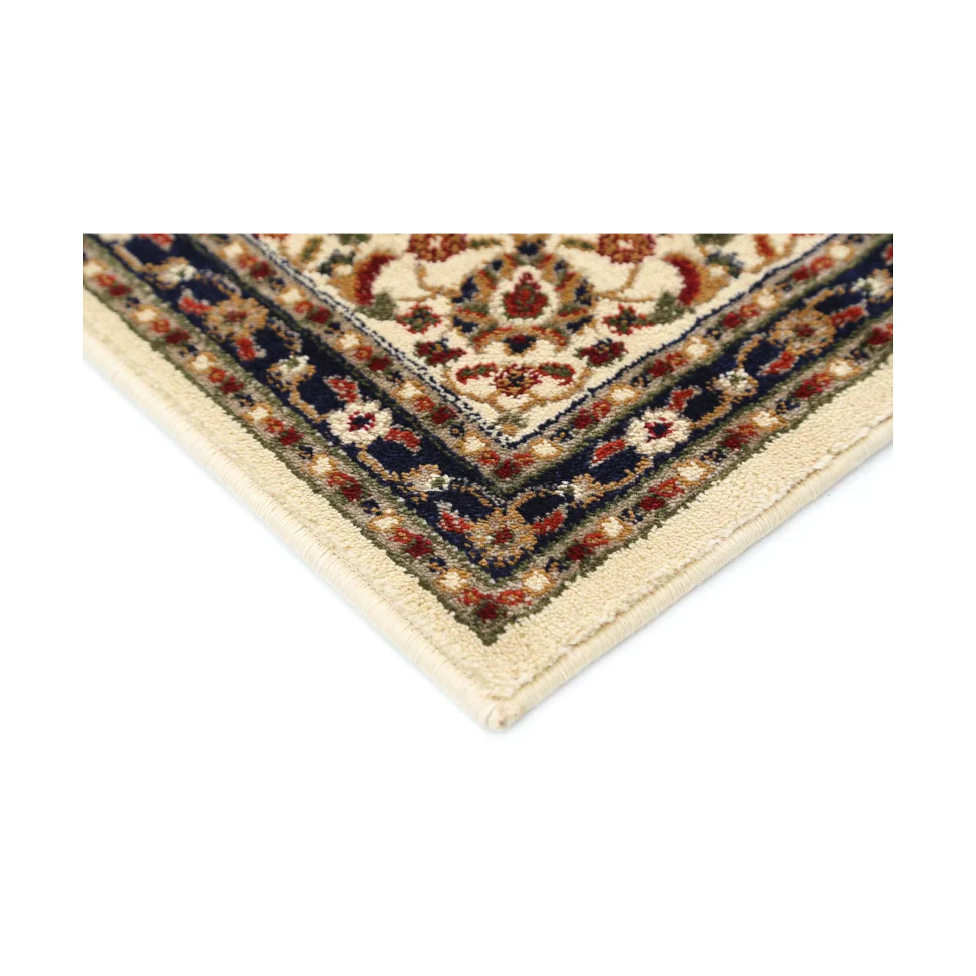 Corner medallion and border detail of Classica 4638 Beige Traditional Rug with cream field, burgundy accents and dark border, 230 x 160 cm