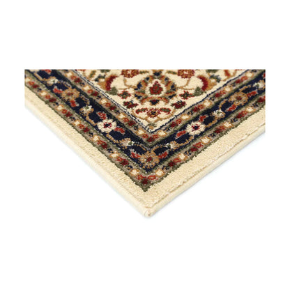 Corner medallion and border detail of Classica 4638 Beige Traditional Rug with cream field, burgundy accents and dark border, 230 x 160 cm