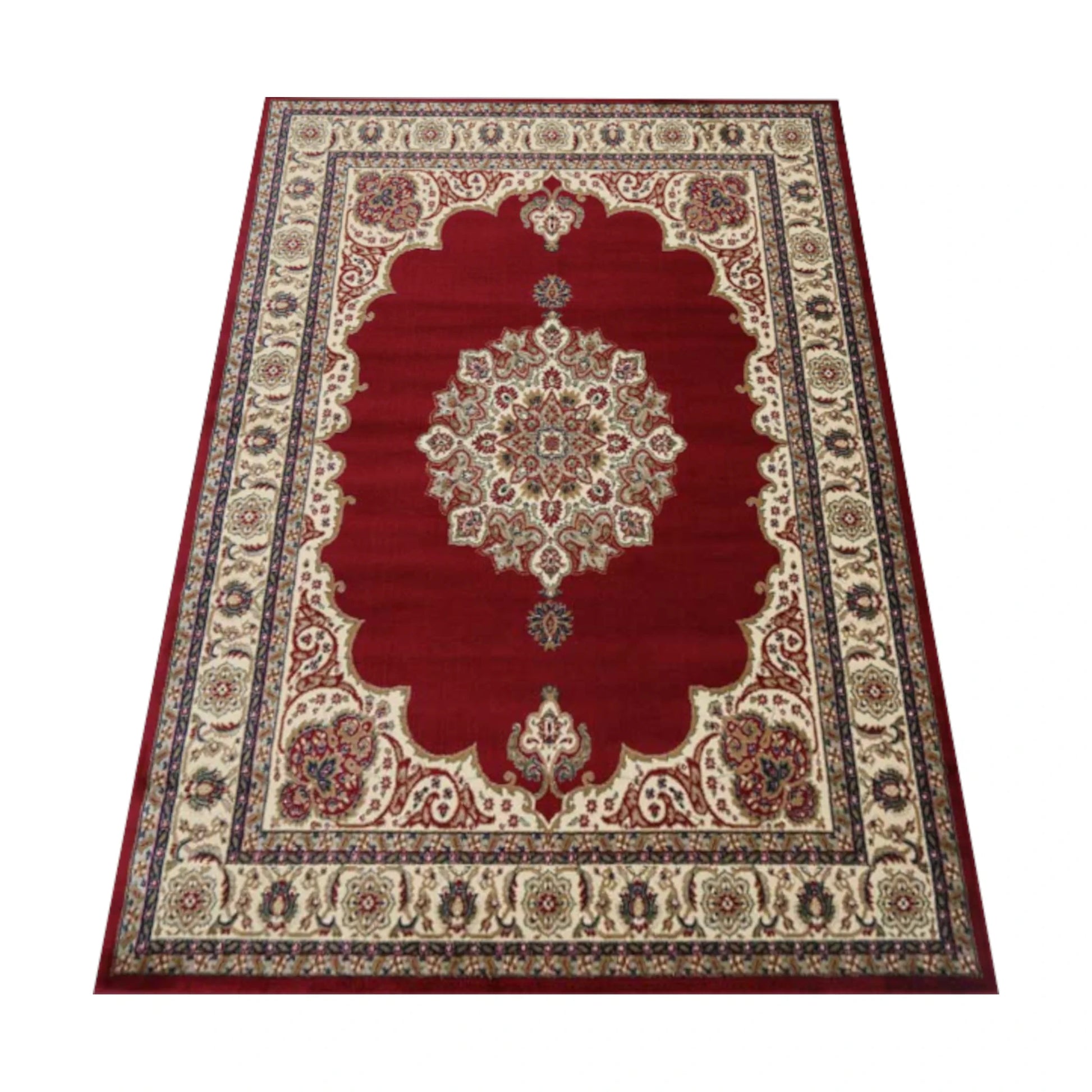 Angled view of Classica 5771 Red traditional rug showing red centre field, cream border and medallion design, 230 x 160 cm