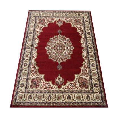 Angled view of Classica 5771 Red traditional rug showing red centre field, cream border and medallion design, 230 x 160 cm