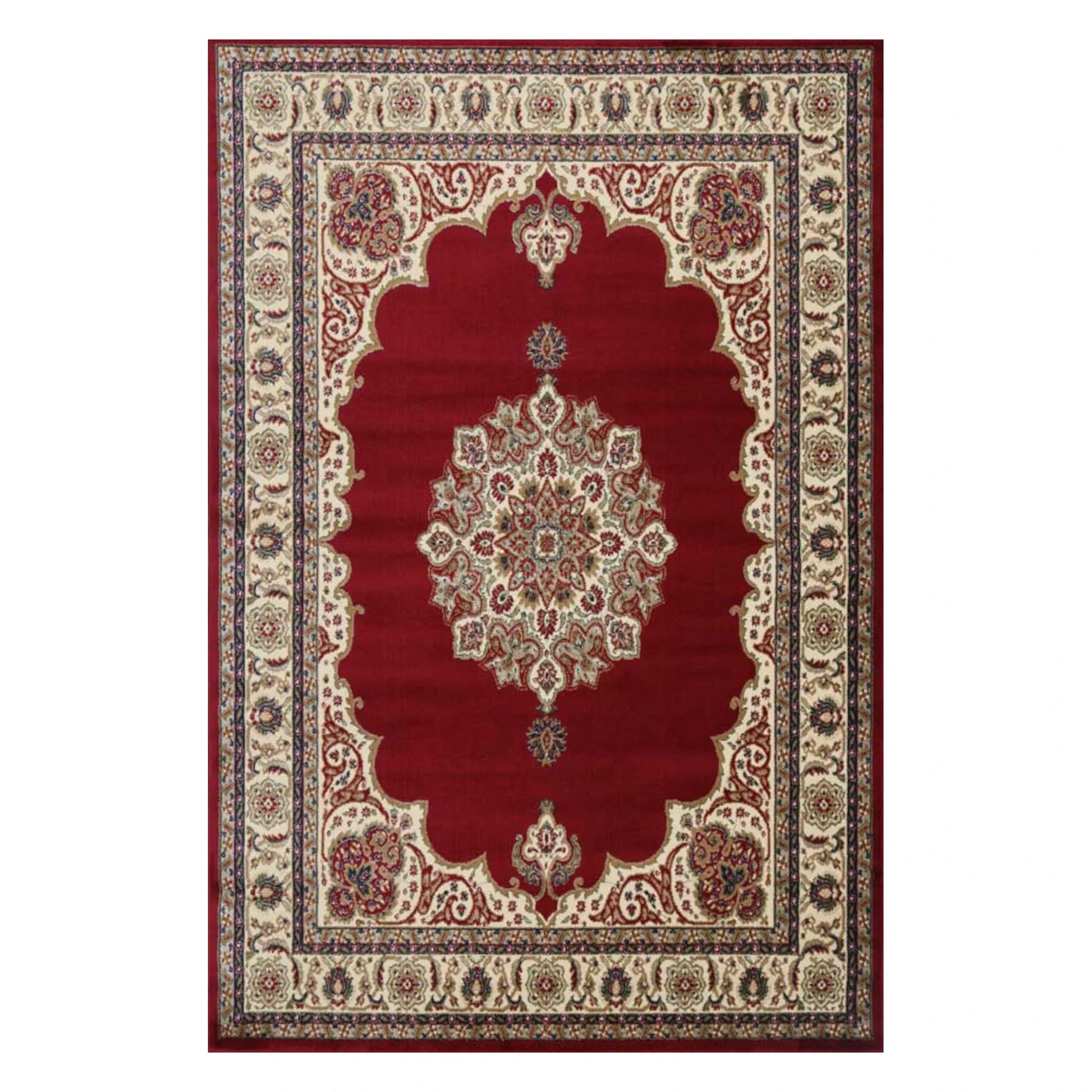 Full view of Classica 5771 Red traditional rug with red field, cream medallion and ornate border, 230 x 160 cm