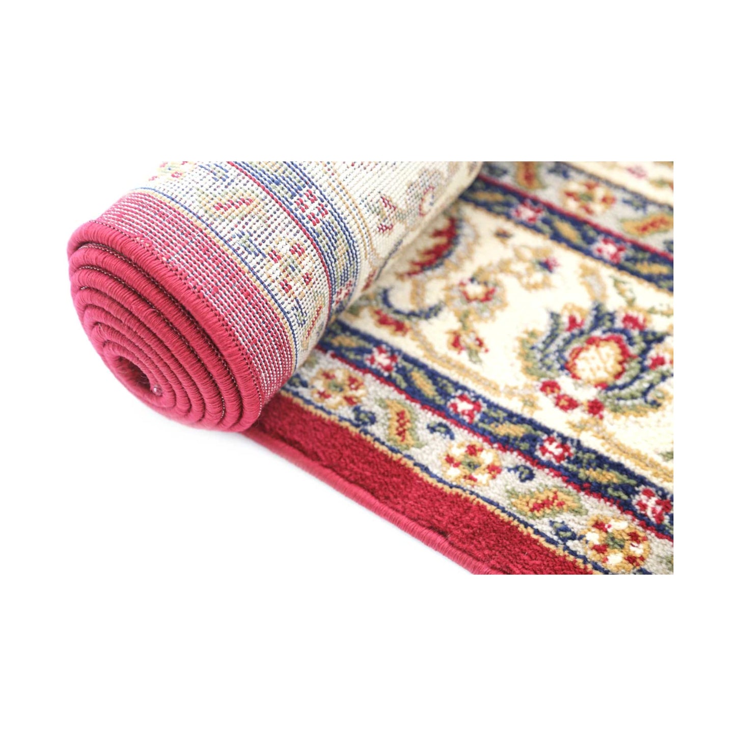 Rolled edge detail of Classica 5771 Red traditional rug showing backing, binding and patterned polypropylene pile, 230 x 160 cm
