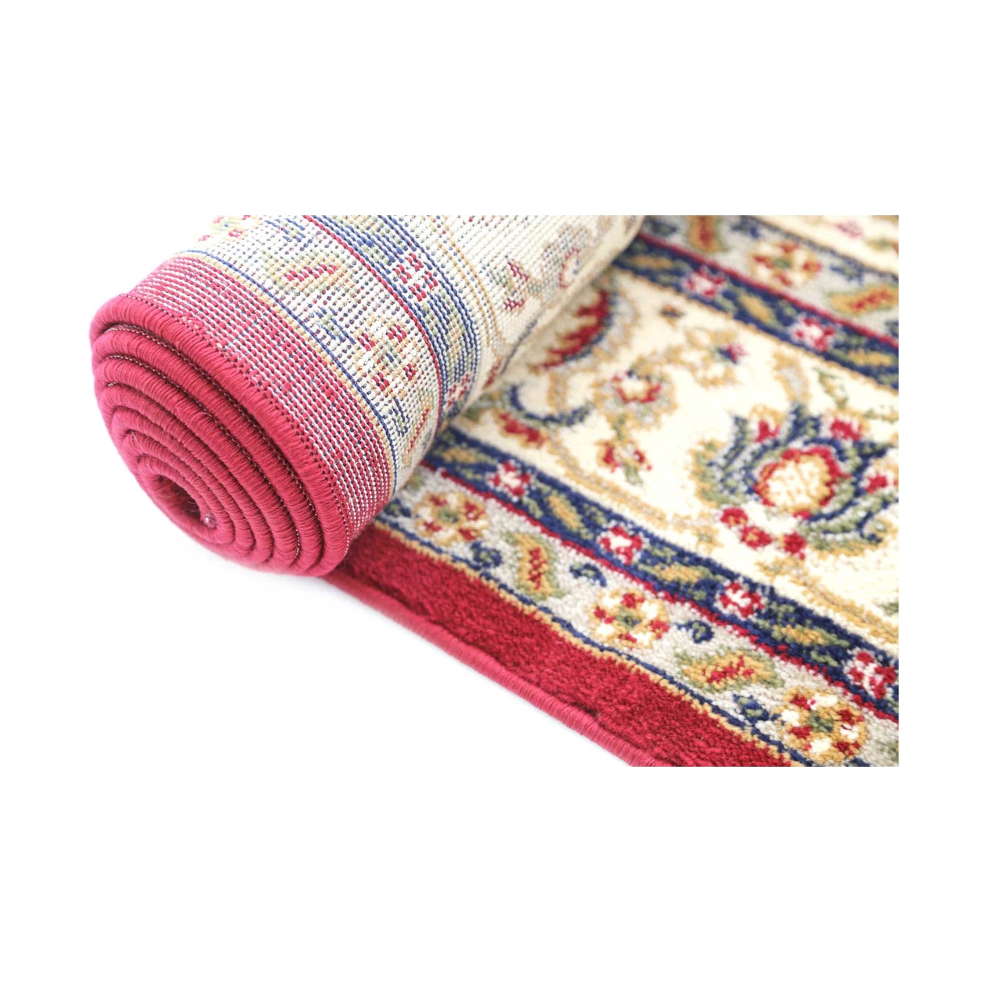 Rolled edge detail of Classica 5771 Red traditional rug showing backing, binding and patterned polypropylene pile, 230 x 160 cm