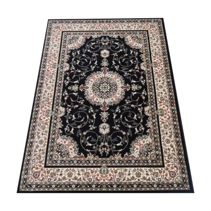 Angled full view of Classica black medallion rug showing traditional pattern layout