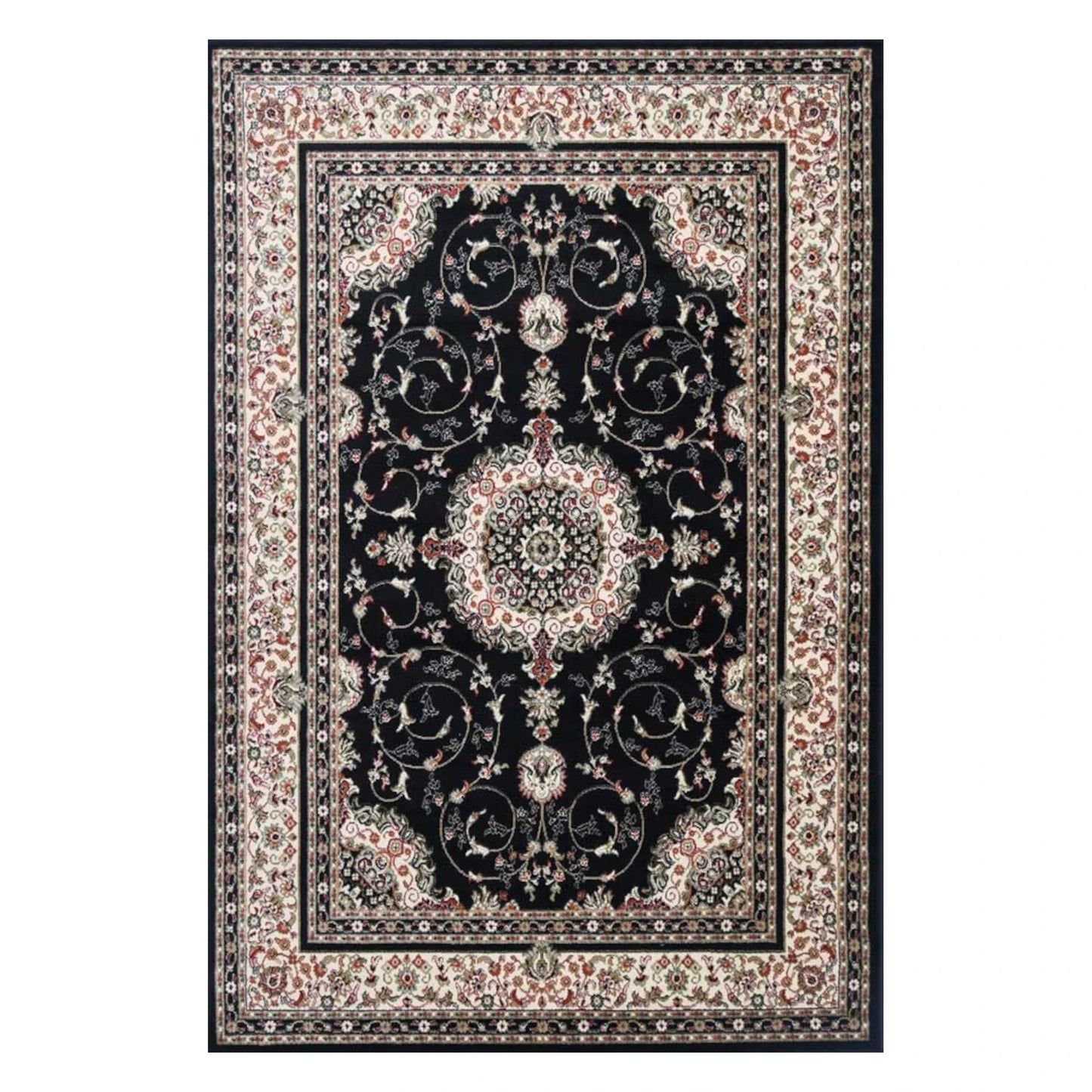 Full view of Classica black medallion rug 200 x 150 cm with floral border