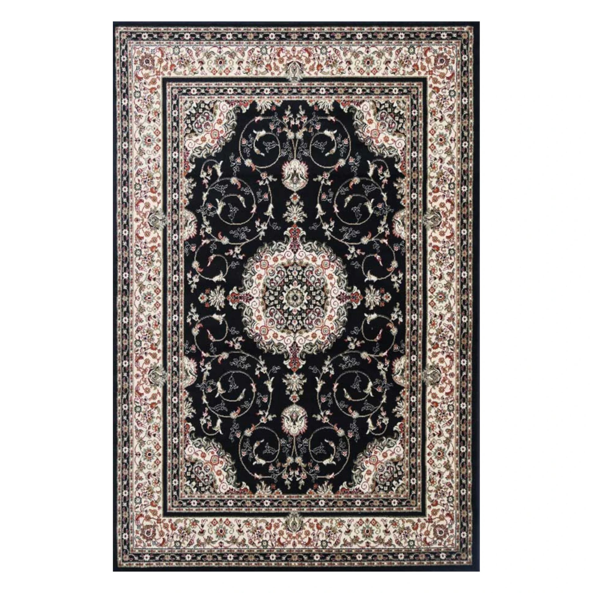 Full view of Classica black medallion rug 200 x 150 cm with floral border