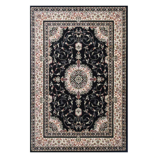 Full view of Classica black medallion rug 200 x 150 cm with floral border