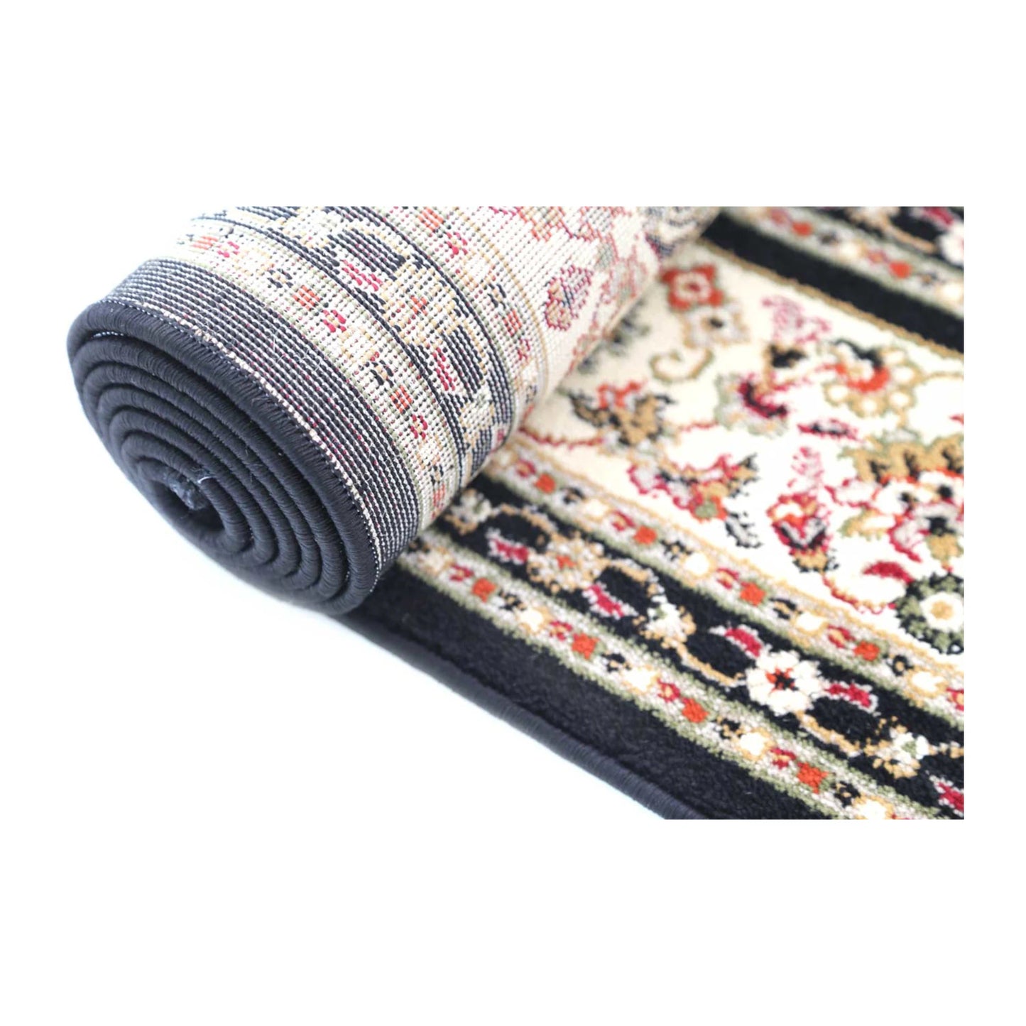 Rolled view of Classica black medallion rug showing surface pattern and backing