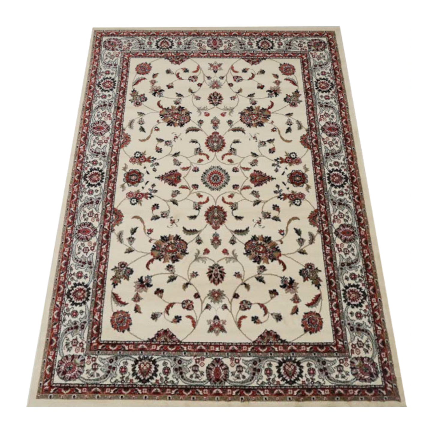 Angled full view of Classica cream floral rug showing traditional pattern layout