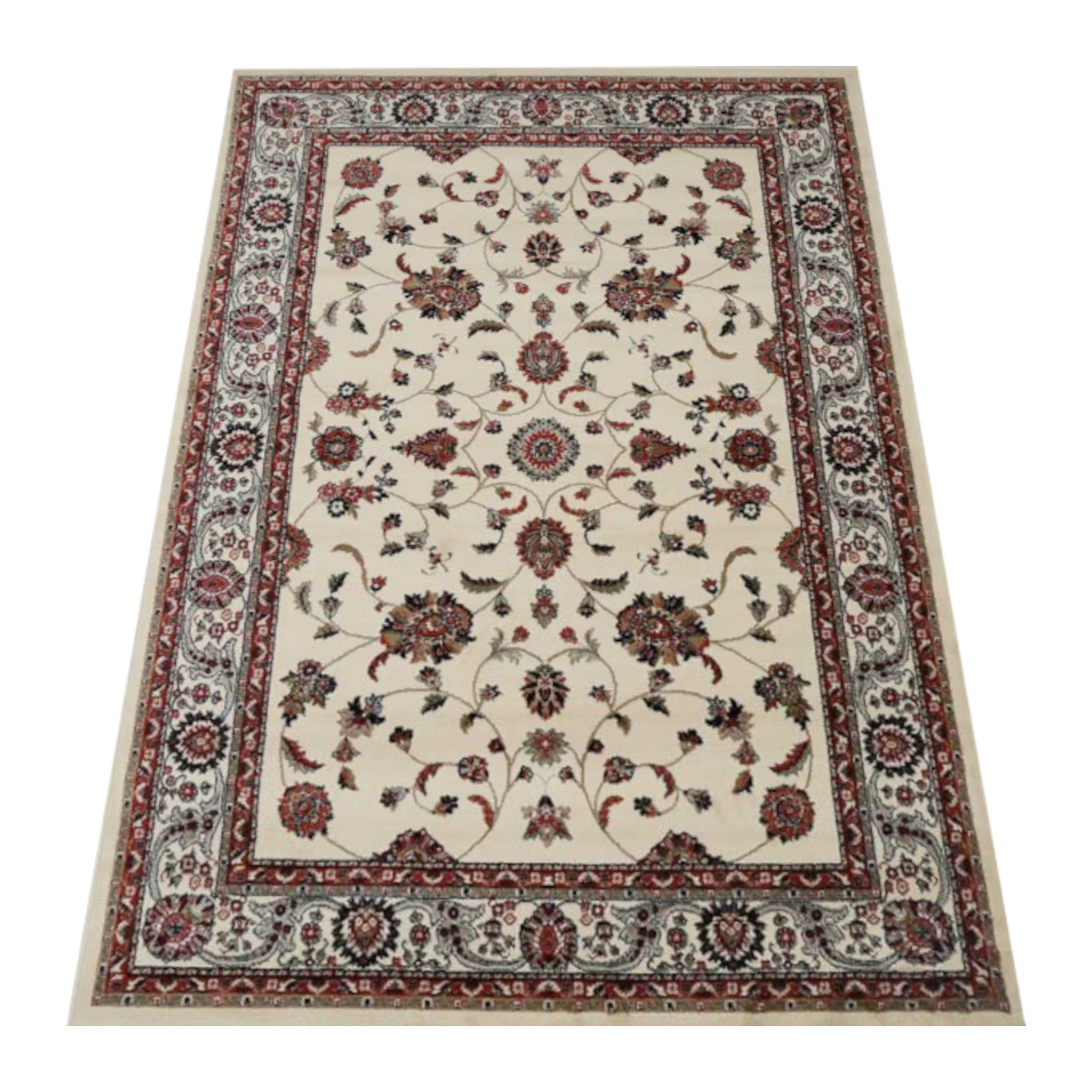 Angled full view of Classica cream floral rug showing traditional pattern layout