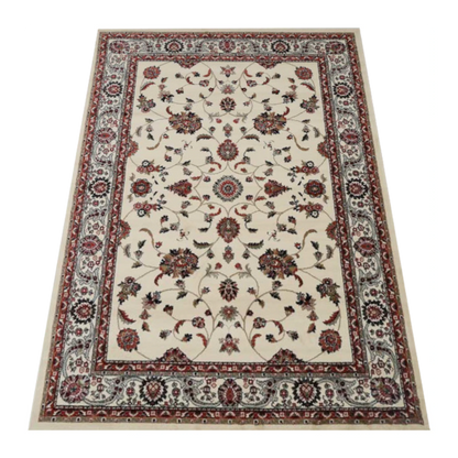 Angled full view of Classica cream floral rug showing traditional pattern layout