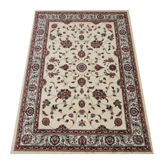 Angled full view of Classica cream floral rug showing traditional pattern layout