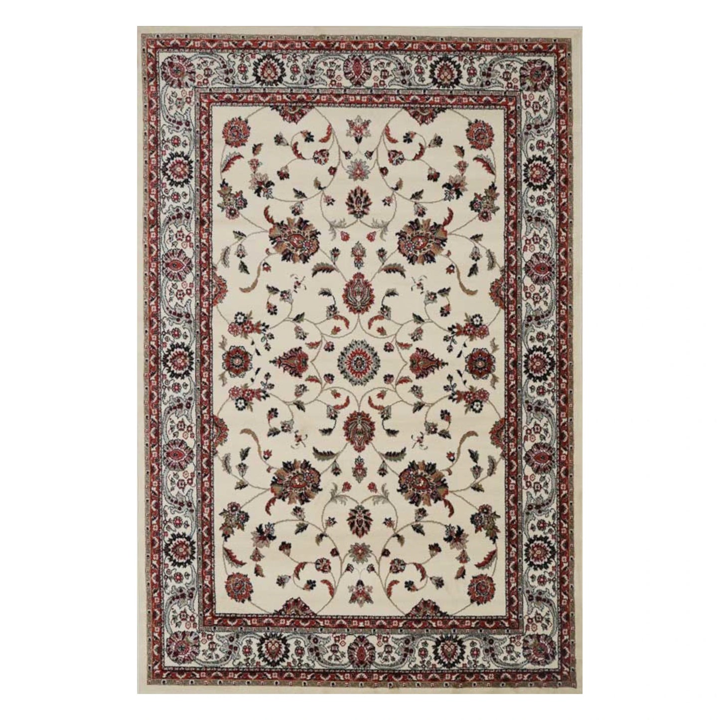 Full view of Classica cream floral rug 230 x 160 cm with burgundy border