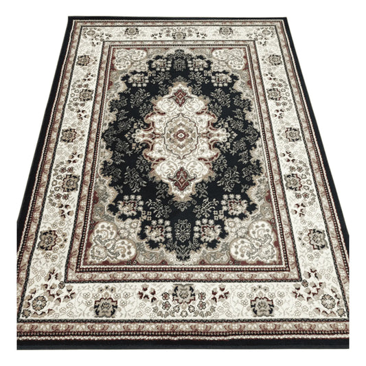 Full view of Classica Traditional machine-made rug with black field, ornate medallion and cream floral border, 170 x 120 cm