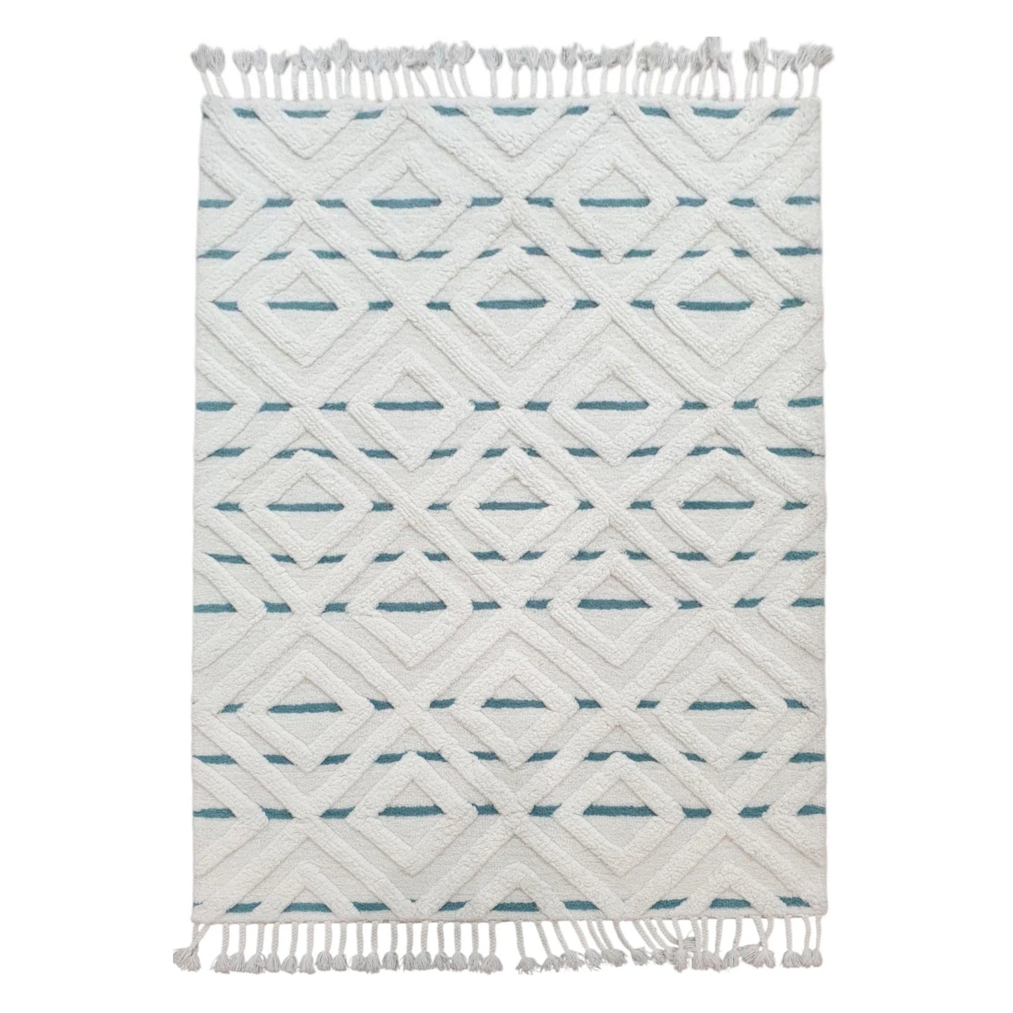 Cream blue geometric hand-tufted wool rug 230 x 160 cm full view