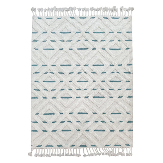 Cream blue geometric hand-tufted wool rug 230 x 160 cm full view