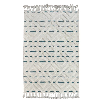 Full view of cream and blue geometric hand-tufted wool rug with raised diamond lattice, 230 x 160 cm