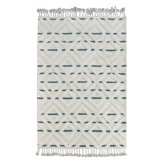 Full view of cream and blue geometric hand-tufted wool rug with raised diamond lattice, 230 x 160 cm