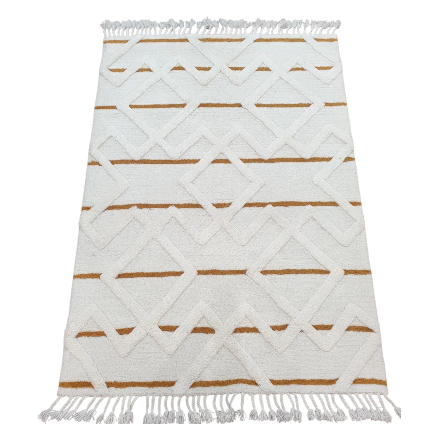 Angled view of cream mustard geometric hand-tufted wool rug 230 x 160 cm