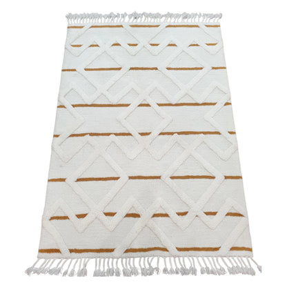 Angled view of cream mustard geometric hand-tufted wool rug 230 x 160 cm