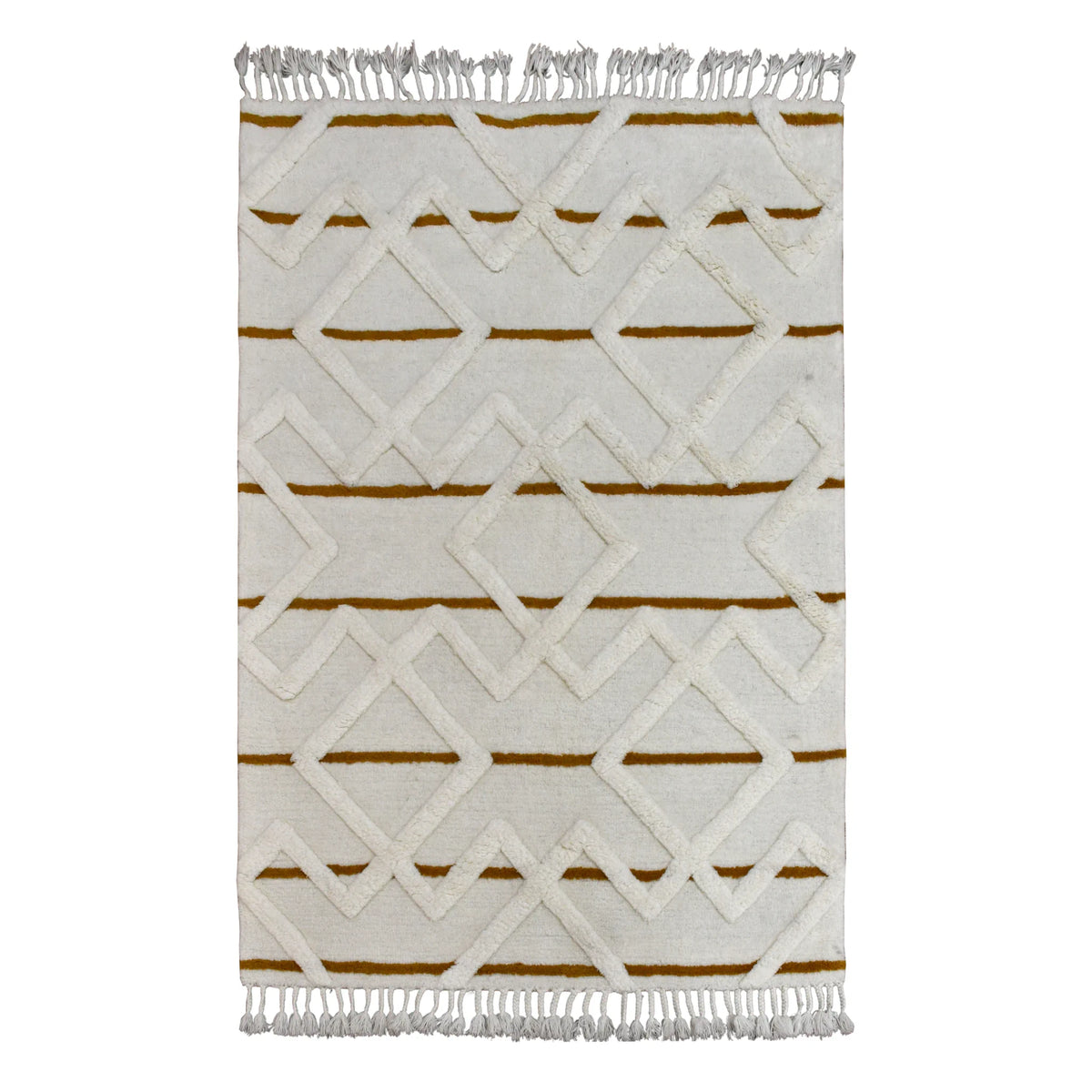 Full view of cream and mustard geometric hand-tufted wool rug with raised diamond pattern, 230 x 160 cm