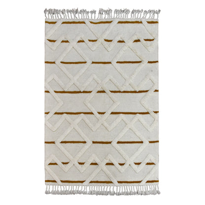 Full view of cream and mustard geometric hand-tufted wool rug with raised diamond pattern, 230 x 160 cm