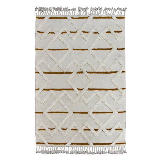 Full view of cream and mustard geometric hand-tufted wool rug with raised diamond pattern, 230 x 160 cm