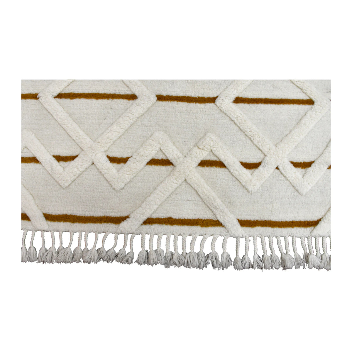 Fringe and end-pattern detail of hand-tufted wool rug with raised cream diamonds, mustard bands and knotted tassels